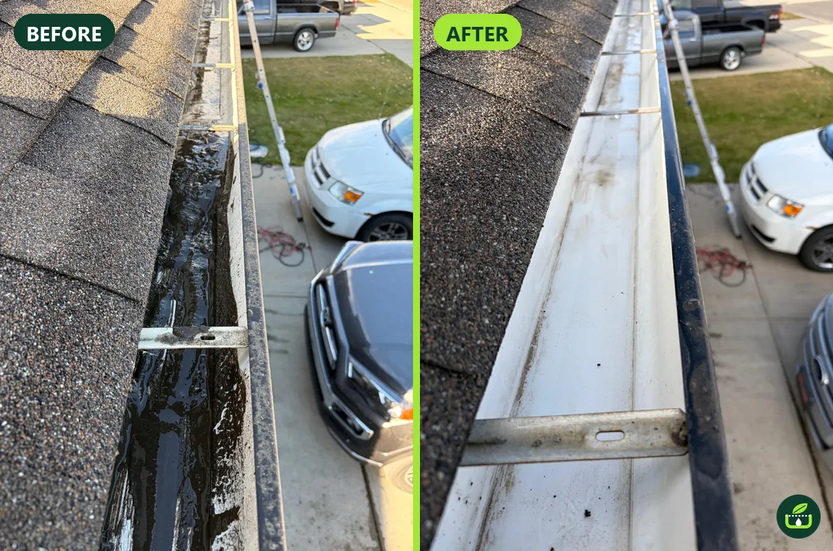 Before and after gutter cleaning: standing sludge gutter, then clean and flowing