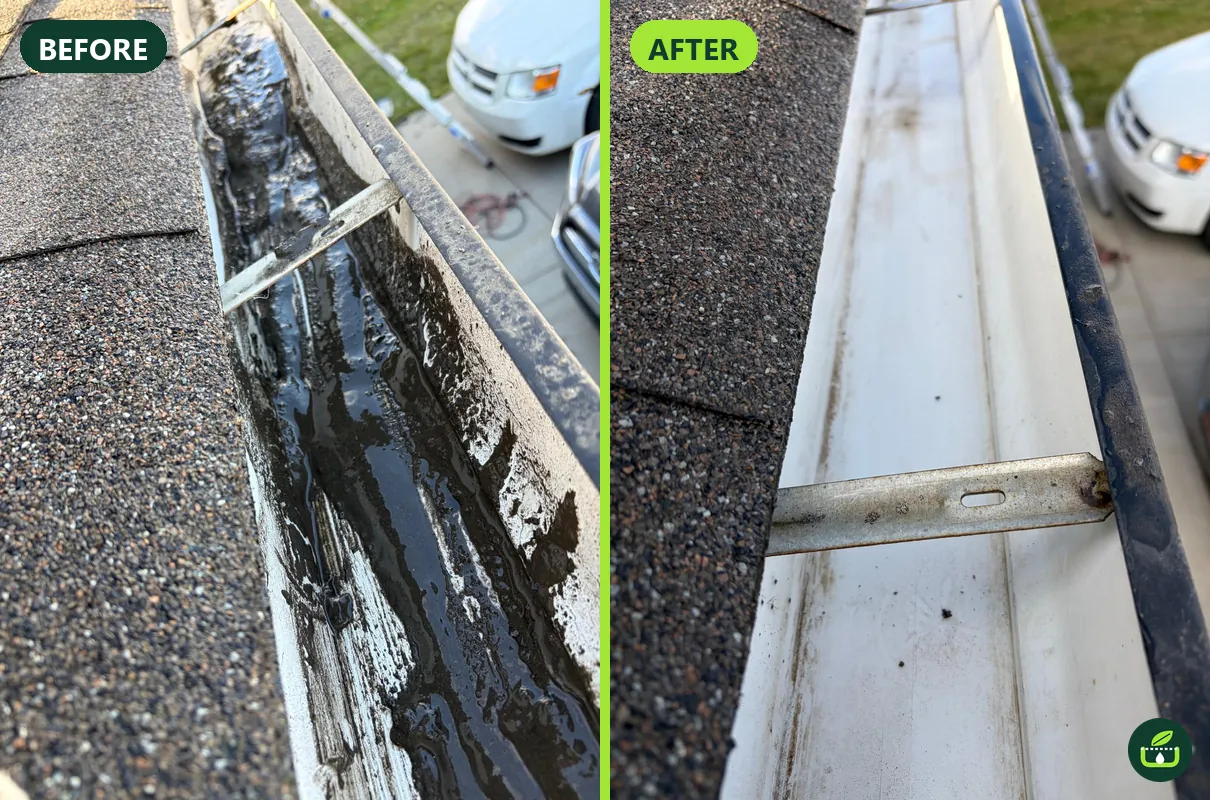Before and after gutter cleaning: backed up at the hangers gutter, then clean and flowing